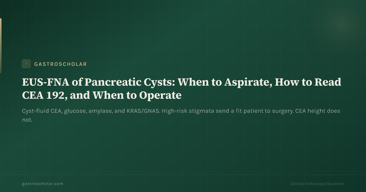 Original GastroScholar summary card for EUS-FNA of pancreatic cysts. Not an endoscopic photograph.