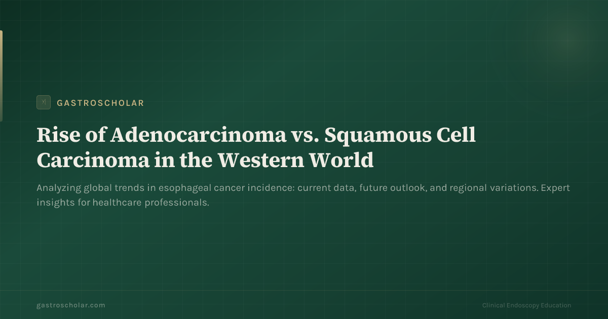 Original GastroScholar summary card for esophageal adenocarcinoma versus squamous incidence. Not an endoscopic photograph.
