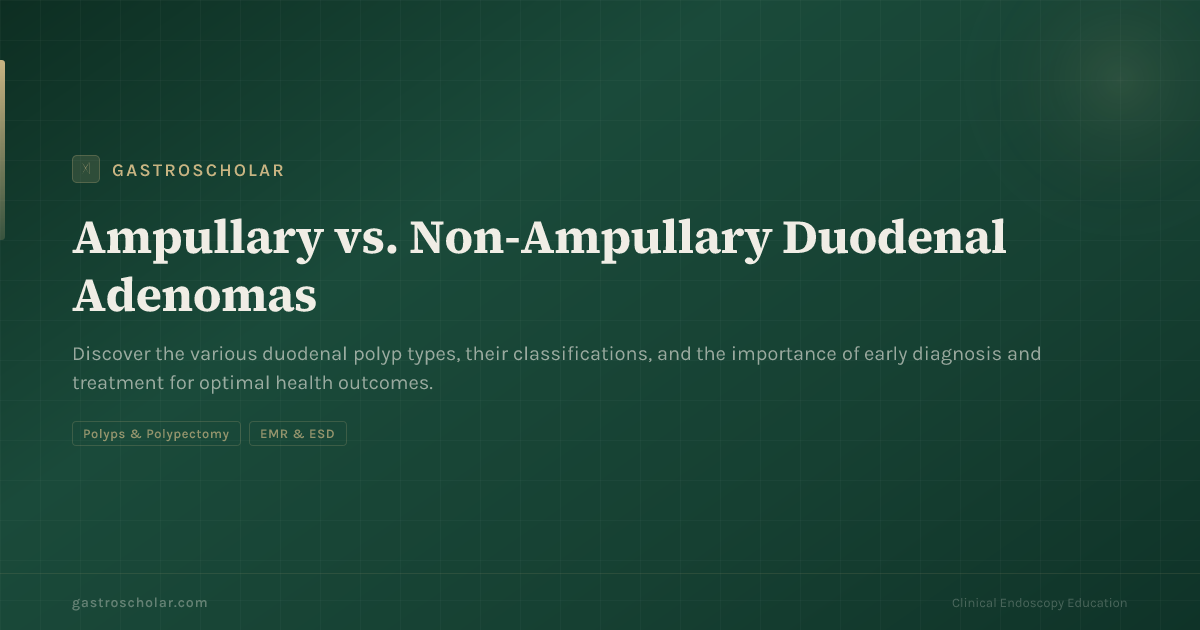 Original GastroScholar summary card for ampullary versus non-ampullary duodenal adenomas. Not an endoscopic photograph.