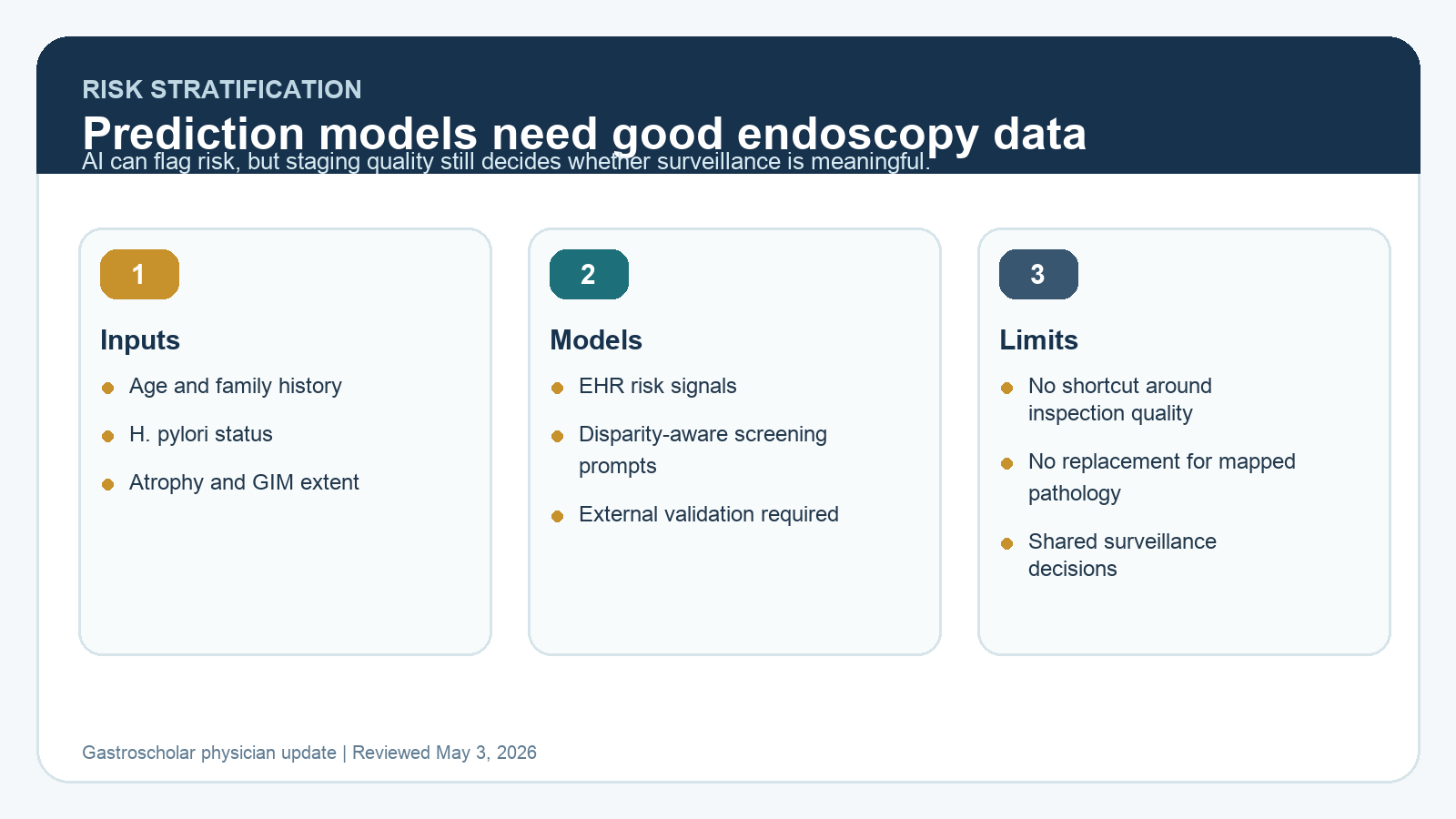 Gastric cancer risk stratification pathway showing clinical risk, pathology staging, EHR models, and endoscopist review.