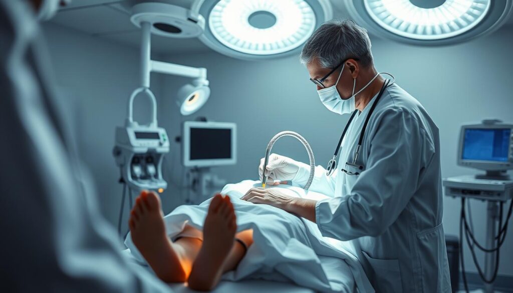 A sterile medical environment with bright, diffused lighting illuminating a patient lying on an examination table, undergoing a colonoscopy procedure. In the foreground, a gastroenterologist steadily guides a flexible, high-resolution endoscope through the patient's colon, carefully inspecting the intestinal lining for any abnormalities. Surrounding the patient are various medical instruments and monitoring equipment, creating a sense of precise, clinical scrutiny. The mood is one of professionalism and attentiveness, as the healthcare team works diligently to diagnose and address any potential issues within the digestive system.