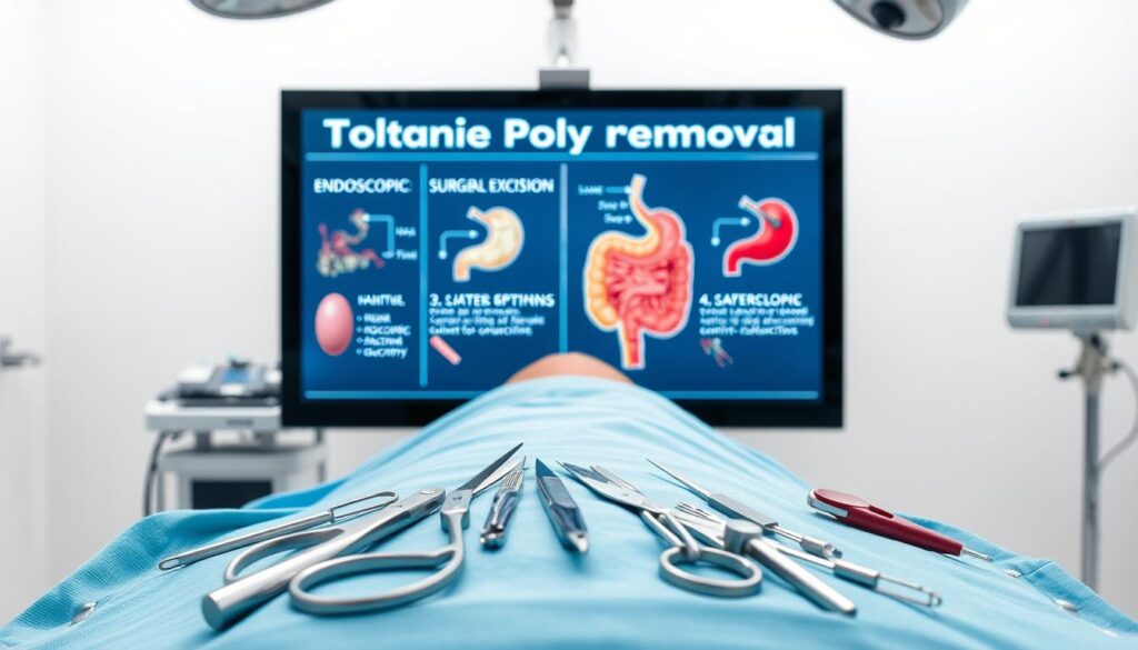 A surgical table with sterile medical instruments, including forceps, scalpels, and sutures, positioned for a colon polyp removal procedure. The patient is obscured, but the focus is on the treatment options displayed on a digital screen or monitor - illustrating different endoscopic and surgical techniques for polyp excision, with detailed anatomical diagrams. The scene is lit with bright, clinical lighting, creating a sense of professionalism and precision. The background is a clean, white medical environment, conveying a sense of cleanliness and safety.