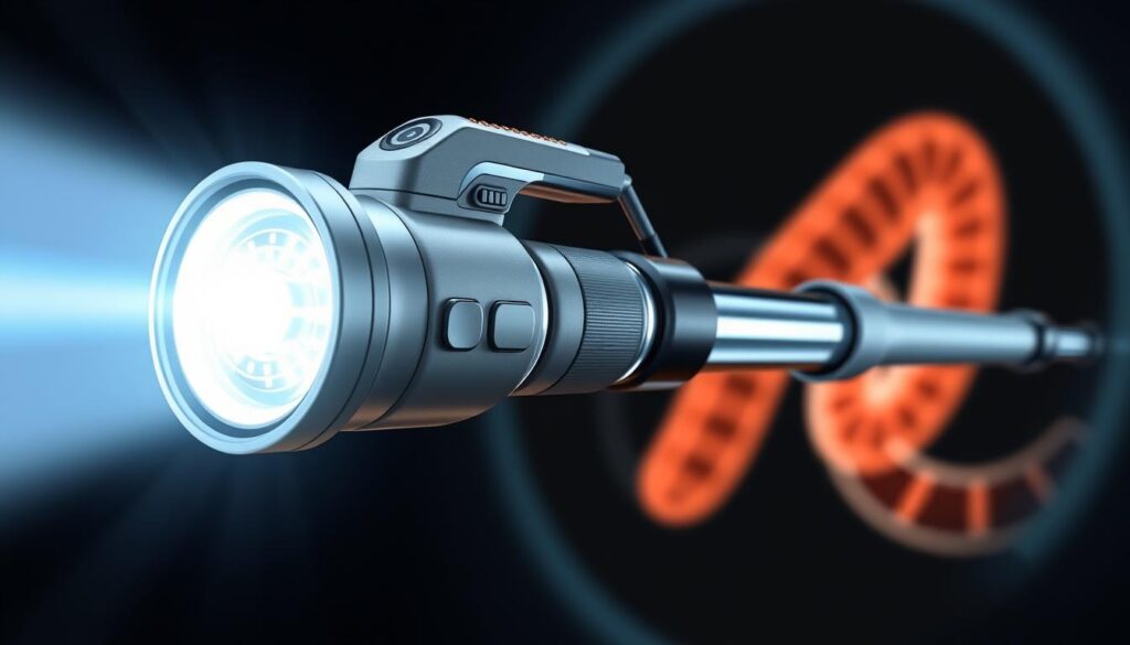 A detailed and technical colonoscope design, featuring a sleek, ergonomic handle with intuitive control buttons, a flexible insertion tube with a high-resolution camera at the tip, and a sturdy body that houses advanced imaging optics. The colonoscope is illuminated by a bright LED light source, capturing clear, detailed images of the lower gastrointestinal tract. The instrument is positioned at a precise angle, allowing for a comprehensive examination of the colon's interior, with a focus on capturing the unique features and contours of this medical device.