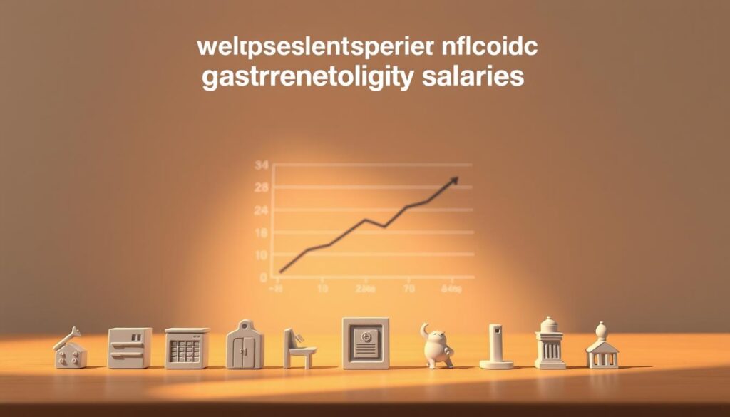 A detailed illustration of the key factors influencing gastroenterologist salaries, depicted in a clean, minimalist style. In the foreground, various icons representing different factors such as experience, specialty, practice setting, and geographic location. In the middle ground, a graph showcasing the range of salaries based on these variables. In the background, a subtly patterned backdrop in muted tones, creating a professional, informative atmosphere. Warm, directional lighting casts soft shadows, emphasizing the visual hierarchy. Rendered with a photorealistic yet slightly stylized aesthetic using a 50mm lens for a natural perspective.