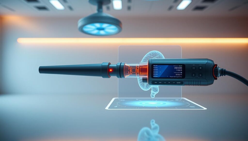 A highly detailed, futuristic, and technologically advanced endoscopic instrument, illuminated by a warm, ambient light. The sleek, ergonomic design features a high-resolution camera and state-of-the-art imaging sensors, allowing for precise visualization of the gastrointestinal tract. In the foreground, the instrument's advanced control interface, with intuitive touchscreen controls and haptic feedback, enabling seamless navigation and enhanced diagnostic capabilities. In the middle ground, a transparent, holographic display showcases real-time, high-definition imagery, while the background depicts a minimalist, clinical environment, reflecting the cutting-edge nature of this innovative endoscopic technology.