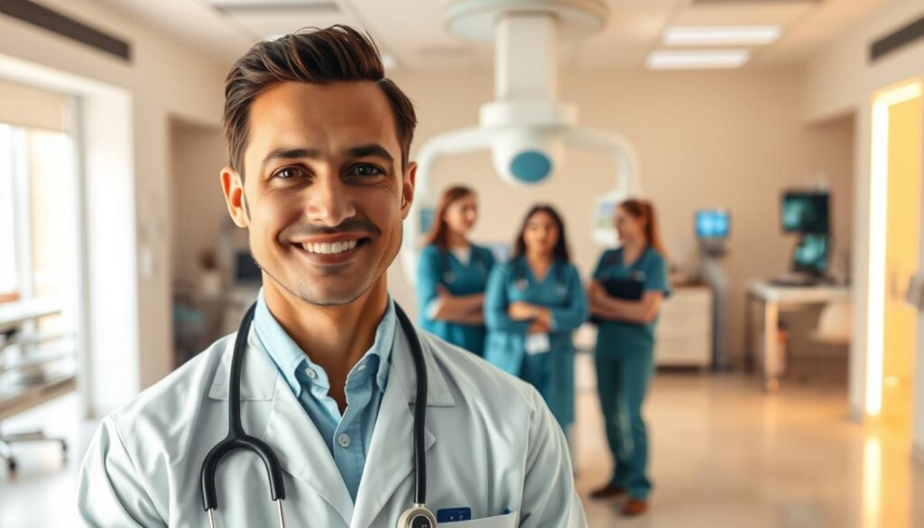 A physician stands in a well-lit, modern medical office, an expression of contentment and purpose on their face. In the middle ground, a team of healthcare professionals collaborates, exuding a sense of camaraderie and job satisfaction. The background showcases state-of-the-art medical equipment and technology, reflecting the cutting-edge nature of the gastroenterology field. Warm lighting creates a calming atmosphere, while the composition emphasizes the physician's engagement with their work and the positive team dynamic. The image conveys the fulfillment and satisfaction inherent in the gastroenterologist's profession.