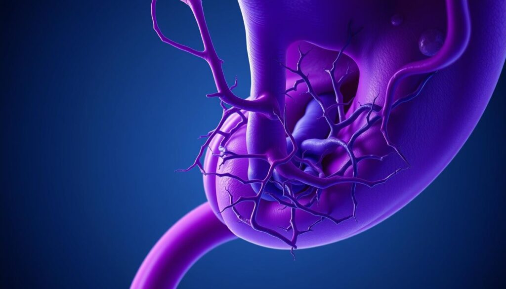 enlarged and swollen veins at the lower end of the interior of the esophagus are