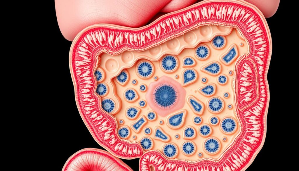 A detailed cross-sectional view of the microscopic layers and cellular structure of the human stomach. The image should depict the mucosal, submucosal, muscular, and serosal layers, showcasing the different cell types such as the surface epithelial cells, gastric pits, parietal cells, chief cells, and enteroendocrine cells. Present the anatomy in the style of a medical diagram, with a clean, schematic layout and neutral color palette to aid comprehension. Render the image with high-contrast, crisp details under bright, evenly distributed lighting to clearly illustrate the intricate histological features.