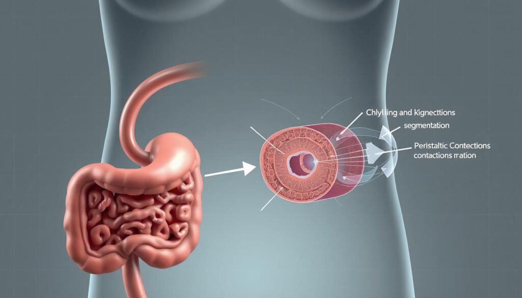 a highly detailed medical diagram depicting the mechanical digestion process within the human stomach. the foreground shows the stomach's internal anatomy, including the esophageal sphincter, fundus, body, and pyloric sphincter, with a cross-section revealing the mucosal lining, gastric pits, and gastric glands. the middle ground showcases the churning and mixing motion of the stomach walls, with arrows and labels indicating the peristaltic contractions and segmentation. the background features a minimalist, technical illustration style with subtle grid lines and a muted, clinical color palette to emphasize the scientific nature of the subject. the lighting is soft and directional, casting subtle shadows to enhance the 3D rendering of the structures. the overall impression is that of a detailed, educational medical diagram that effectively communicates the mechanical digestion process within the stomach.