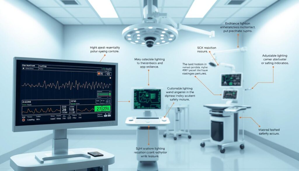 A clean, well-lit medical diagram depicting the essential equipment for endoscopic sedation monitoring. In the foreground, a high-resolution display shows vital signs, oxygen levels, and other key metrics. In the middle ground, a sleek, modern patient monitoring console with intuitive controls and touchscreen interfaces. In the background, a specialized endoscopic sedation workstation with customizable lighting, adjustable camera angles, and integrated safety features. The overall aesthetic is professional, clinical, and focused on conveying the advanced technology and rigorous safety protocols required for endoscopic procedures under sedation.