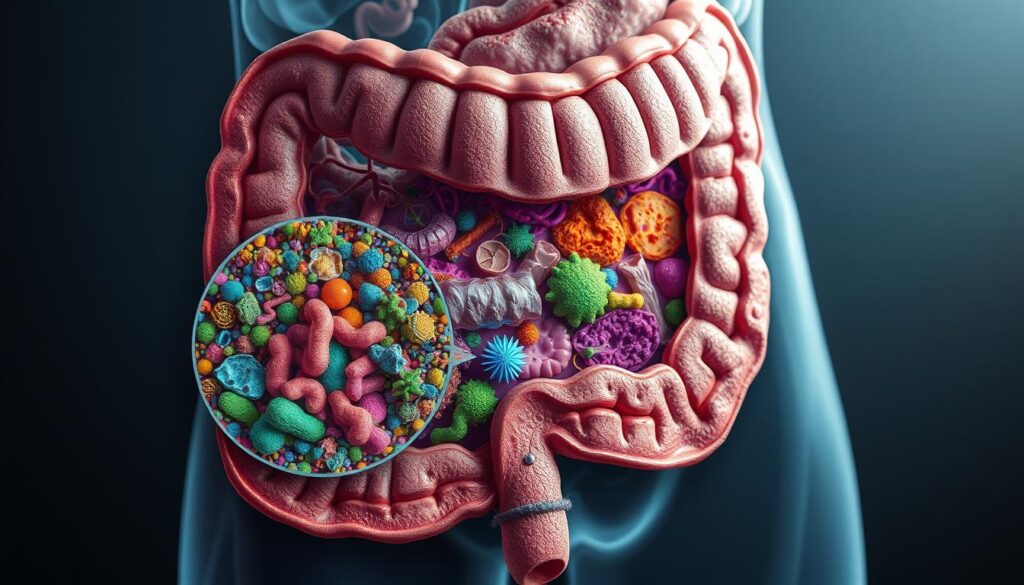 A cross-section of the human gut, depicting the complex ecosystem of the gut microbiome and its role in the pathophysiology of irritable bowel syndrome (IBS). The image showcases a detailed, anatomical illustration with vibrant colors and intricate textures. The foreground features a magnified view of the gut lining, revealing the diverse microbial inhabitants and their intricate interactions. The middle ground highlights the delicate balance of the microbiome, with healthy and dysbiotic regions clearly delineated. The background provides context, displaying the overall digestive system and the physiological processes involved in IBS, such as inflammation, altered motility, and dysregulated brain-gut communication. The lighting is soft and muted, creating a sense of scientific inquiry and medical precision. The overall composition conveys the complex and multifaceted nature of the gut microbiome's influence on IBS pathogenesis.