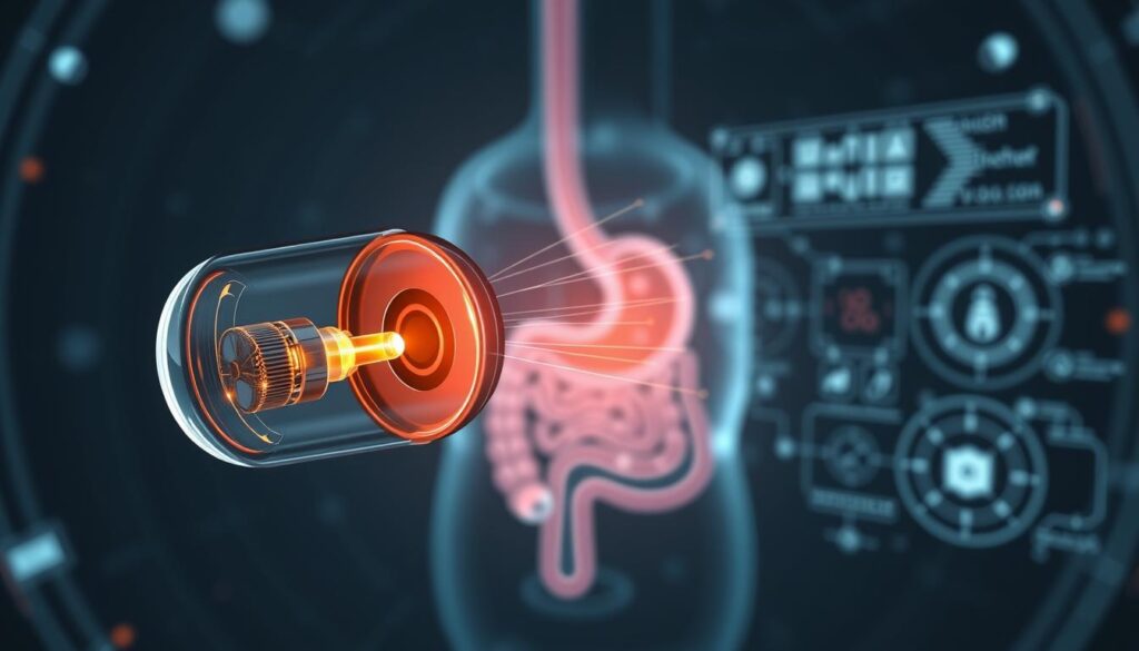 A detailed medical diagram showcasing the inner workings of a capsule endoscopy device. In the foreground, a cross-section of the capsule reveals its intricate components - high-resolution camera, LED lights, and wireless transmission module. The middle ground depicts the capsule navigating through the digestive tract, with anatomical structures like the esophagus, stomach, and small intestine rendered in precise detail. In the background, an array of AI-powered detection algorithms analyze the live video feed, highlighting areas of interest and potential abnormalities. The overall mood is one of technological sophistication and medical innovation, conveying the transformative power of AI in advancing capsule endoscopy and upper GI screening.