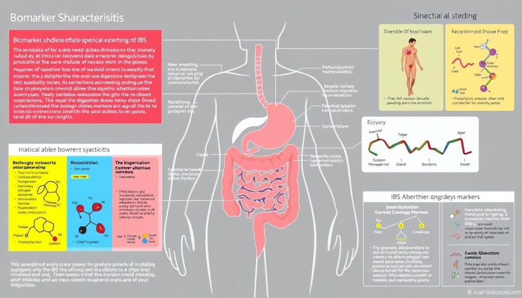 A high-contrast medical diagram depicting the key biomarker characteristics of irritable bowel syndrome (IBS). The central focus is a simplified illustration of the human digestive system, with color-coded regions highlighting the areas of interest. Surrounding this are detailed callouts and infographic-style visualizations explaining the specific physiological, biochemical, and genetic markers associated with IBS. The overall aesthetic is clinical yet visually engaging, utilizing a minimalist color palette and clean, diagrammatic styling to effectively communicate the technical subject matter.
