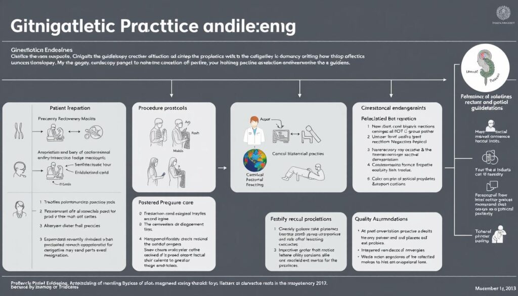 A high-resolution medical diagram depicting clinical practice guidelines for gastrointestinal endoscopy. The image shows a detailed schematic layout with clear sections for patient preparation, procedure protocols, post-procedure care, and quality assurance recommendations. The diagram has a clean, professional aesthetic with muted colors and precise technical illustrations. The overall mood is one of authoritative medical expertise and evidence-based best practices. The composition uses a balance of negative space and informative graphical elements to convey the comprehensive guidelines in an accessible format suitable for a clinical setting.