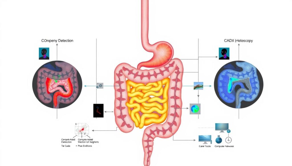 A highly detailed medical diagram showcasing CADe (Computer-Aided Detection) and CADx (Computer-Aided Diagnosis) systems used in endoscopic imaging. Set against a clean, white background, the diagram should feature cross-sectional views of the digestive tract, with color-coded annotations highlighting the role of AI-powered analysis tools in enhancing GI diagnostic capabilities. Crisp, technical illustrations of endoscopy hardware, such as cameras and sensors, should be prominently displayed, along with schematic representations of the data processing workflows. The overall tone should convey a sense of advanced, cutting-edge medical technology transforming the field of endoscopy and GI care.